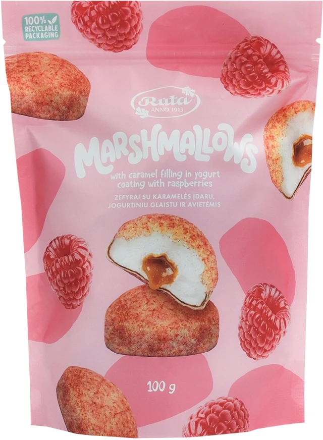 Rūta Zefyrai su karamelės įdaru, jogurtiniu glaistu ir avietėmis, 100 g