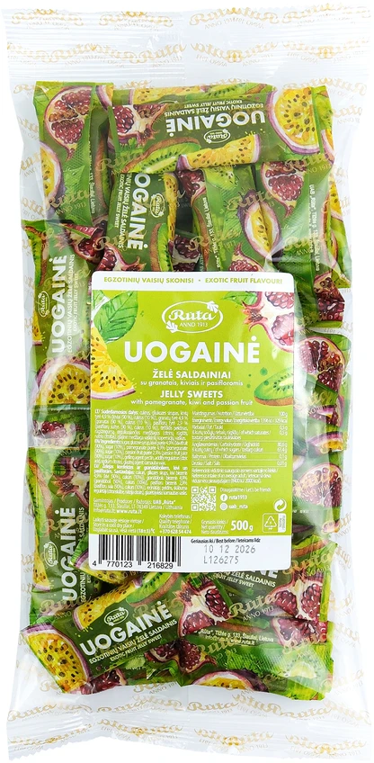 Rūta Želė saldainiai su granatais, kiviais ir pasifloromis „Uogainė“, 500g
