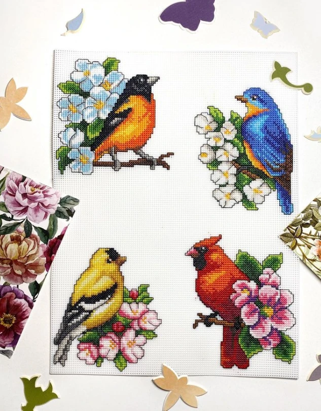 Crafting Spark Siuvinėjimo kryželiu rinkinys „Paukščiai“, plastikinė drobė 14ct, 26 spalvų