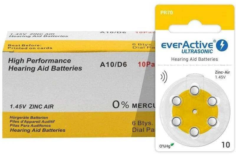 Everactive Ultrasonic 10 klausos aparatų baterijos PR70, 60 vnt.