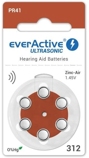 Everactive Ultrasonic 312 PR41 klausos aparatų baterijos 6 vnt. 1,45V