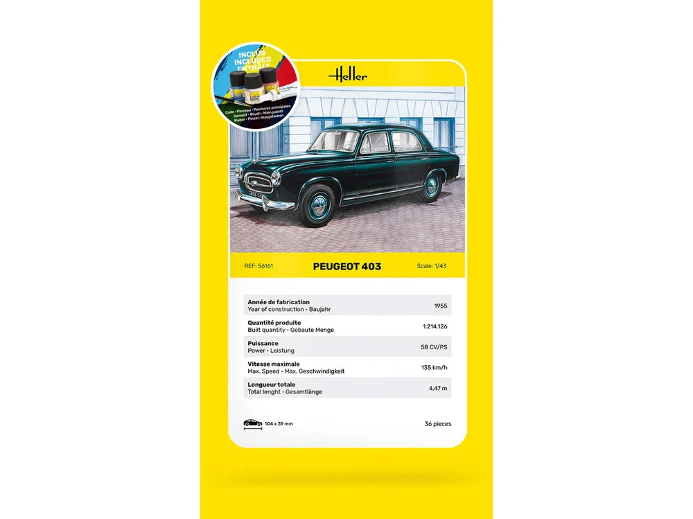Heller Peugeot 403 plastikinis modelis 1/43 dovanų rinkinys