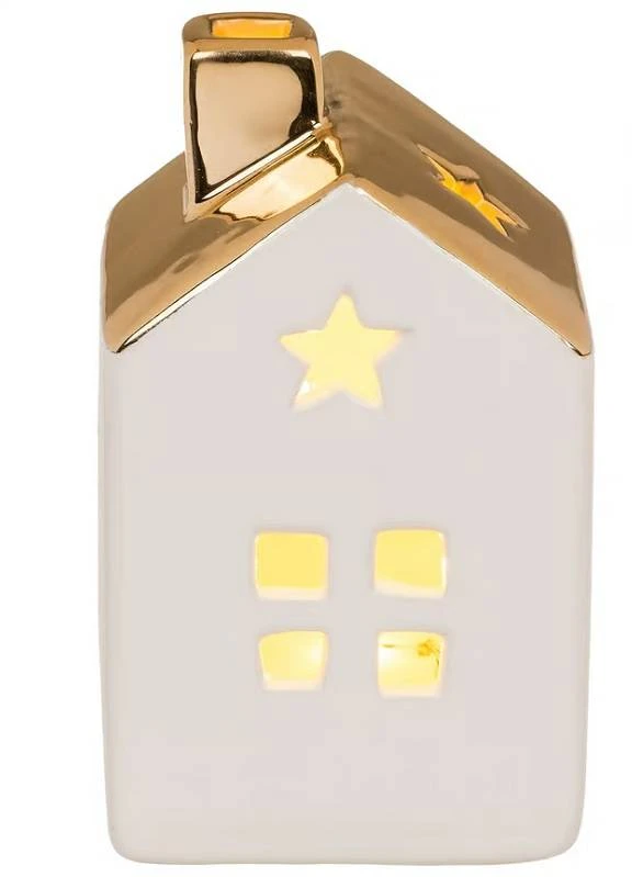 Hobilt Dolomito kalėdiniai nameliai su LED apšvietimu, balti su auksiniu stogu, 2 vnt.