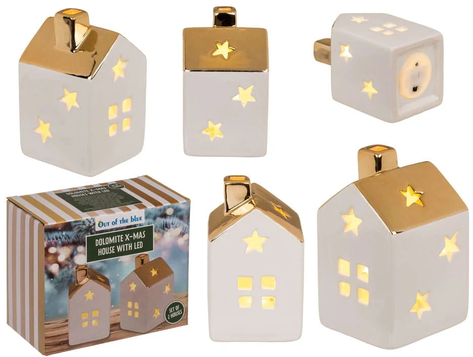 Hobilt Dolomito kalėdiniai nameliai su LED apšvietimu, balti su auksiniu stogu, 2 vnt.