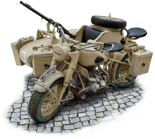 Italeri BMW R75 vokiečių karinis motociklas su lopšiu – 1:9 modelis 26,7 cm