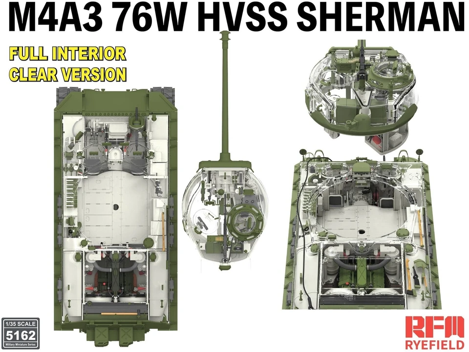 M4A3 76W HVSS Sherman modelis su interjeru, skaidri versija 1/35 RFM-5162