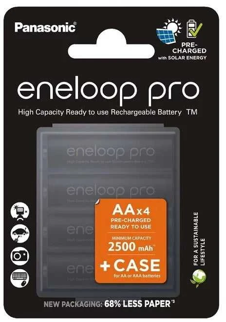 Panasonic Eneloop Pro AA 2500mAh įkraunamos baterijos 4vnt + dėklas