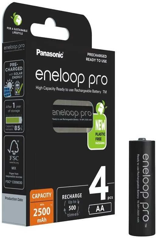 Panasonic Eneloop Pro AA 2500mAh įkraunamos baterijos, 4 vnt.