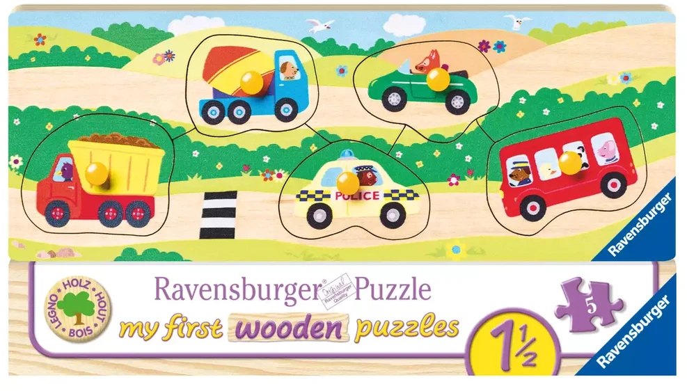 Ravensburger medinė dėlionė „Pirmosios transporto priemonės“, 5 det., nuo 1,5 m.