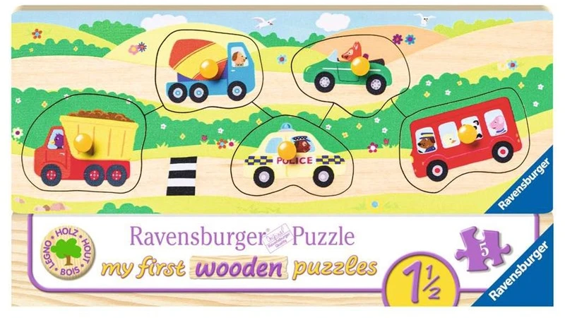 Ravensburger medinė dėlionė „Pirmosios transporto priemonės“, 5 det., nuo 1,5 m.