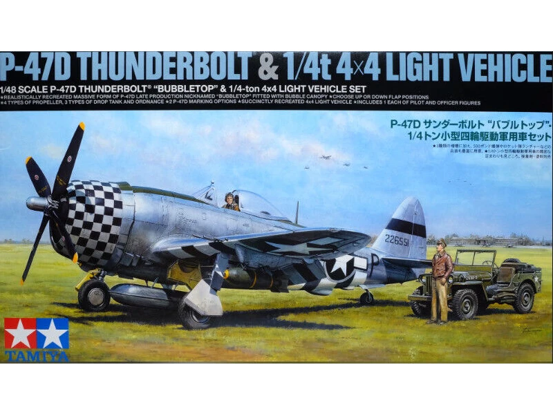 Tamiya – Republic P-47D Thunderbolt „Bubbletop“ ir 1/4 tonos 4x4 lengvųjų transporto priemonių rinkinys, 1/48, 25214