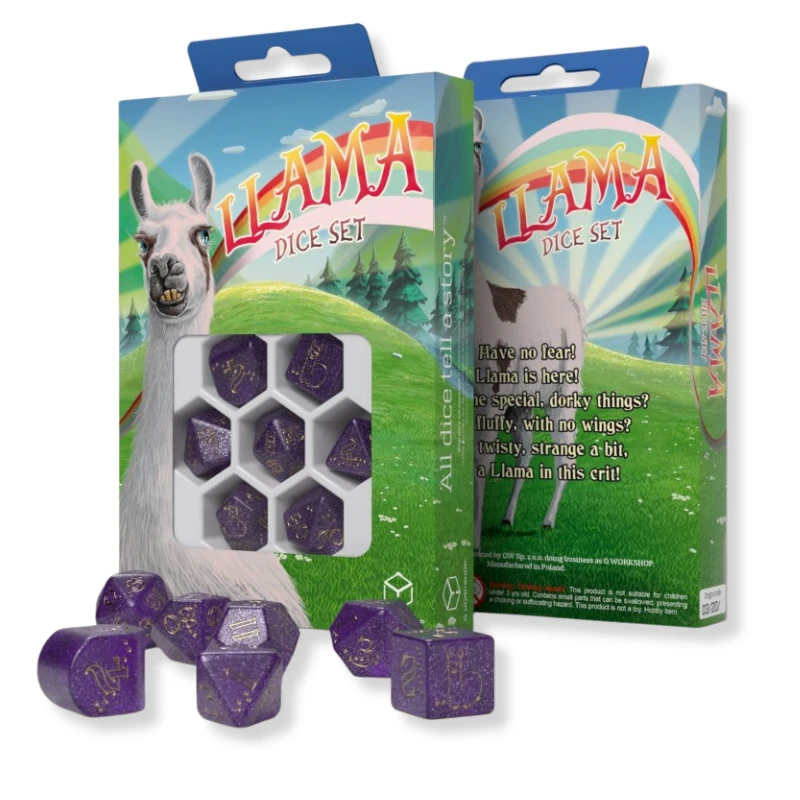 Žaidimų Kauliukų Rinkinys - Zippy Q-WORKSHOP Llama 7 Pusiau Šoninių Violetinių Kauliukų su Auksinėmis Išgraviruotėmis