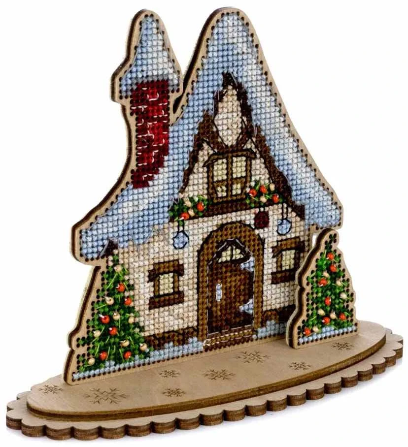 Wonderland Crafts Siuvinėjimo kryželiu rinkinys ant medžio Kalėdų namelis su karoliukais