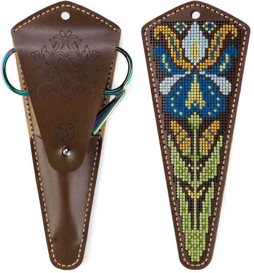 Wonderland Crafts Žirklių dėklo siuvinėjimo rinkinys „Irisai“, dirbtinė oda 10–13 cm