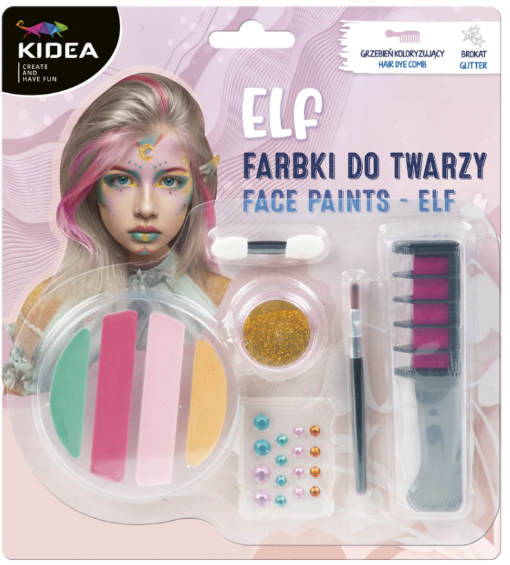 Kidea Elf veido dažų rinkinys su blizgučiais ir plaukų dažymo šukomis