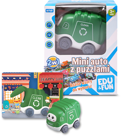 ARTYK MINI AUTKO šiukšliavežis su pavara Dėlionė 20 el TOY 2in1 EDU&FUN automobilis