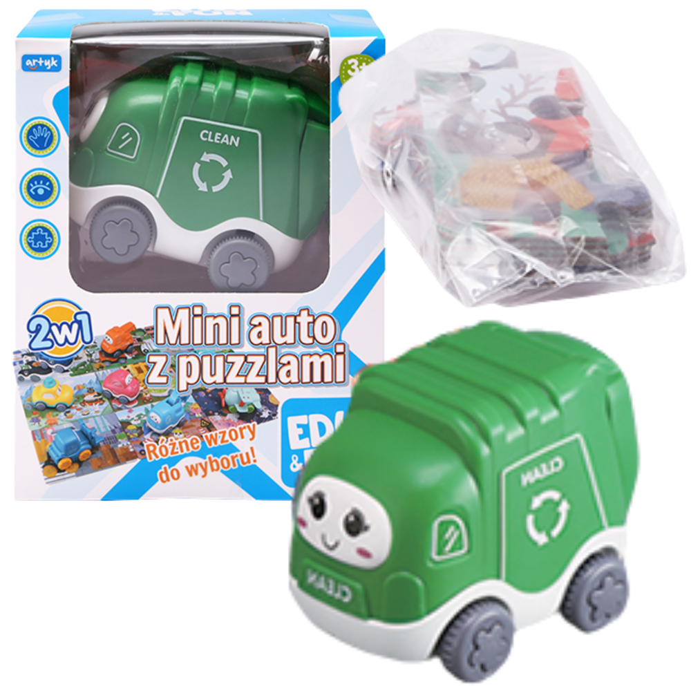 ARTYK MINI AUTKO šiukšliavežis su pavara Dėlionė 20 el TOY 2in1 EDU&FUN automobilis