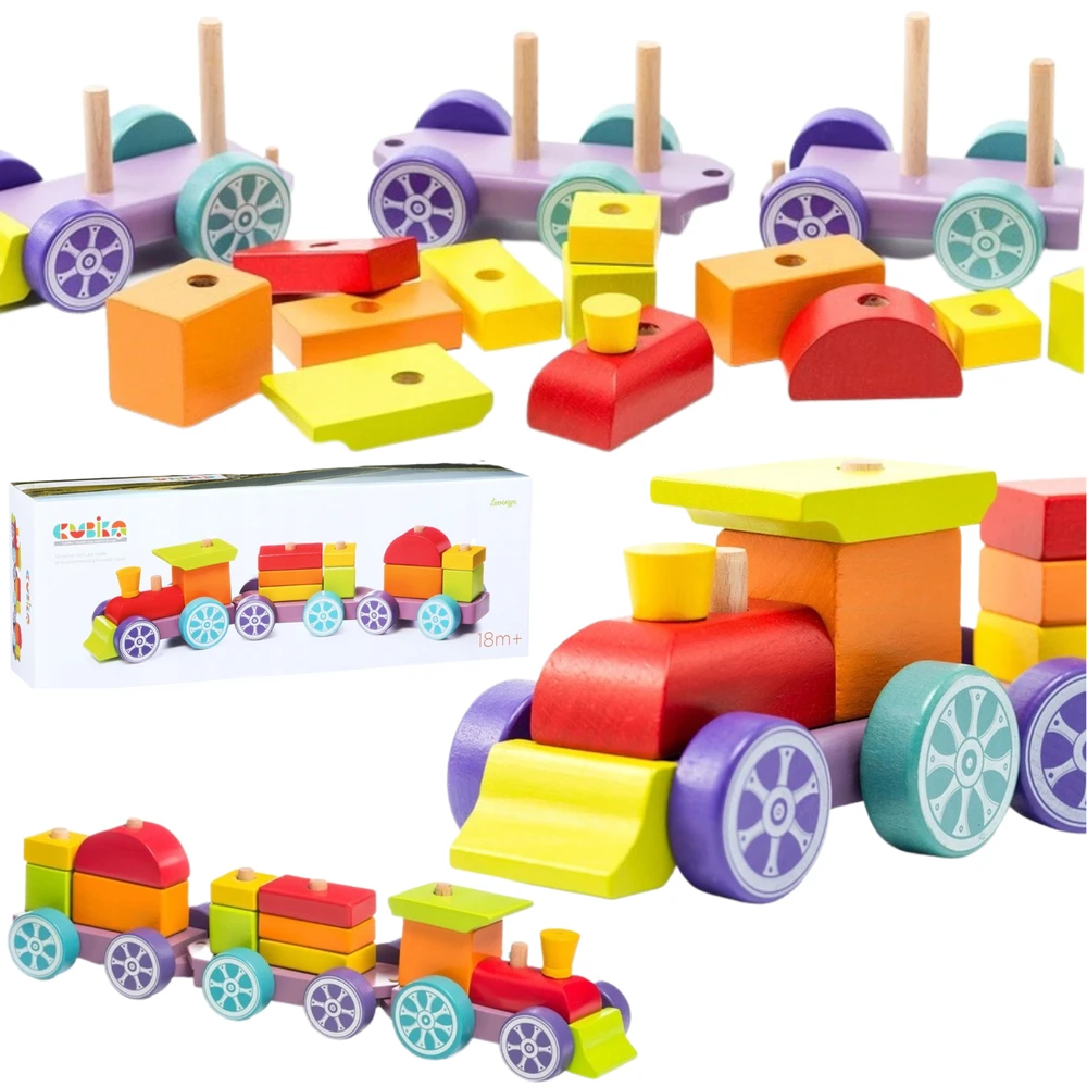 Cubika Medinis rūšiavimo traukinukas su kaladėlėmis - Vaivorykštės ekspresas 42cm.