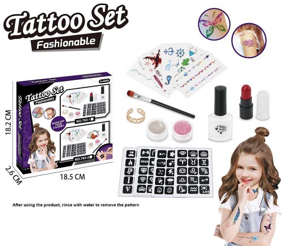 Lean Toys TATUiruočių rinkinys, Blizgančios tatuiruotės, lipdukai, POLIKAS, DOVANA 3 viename
