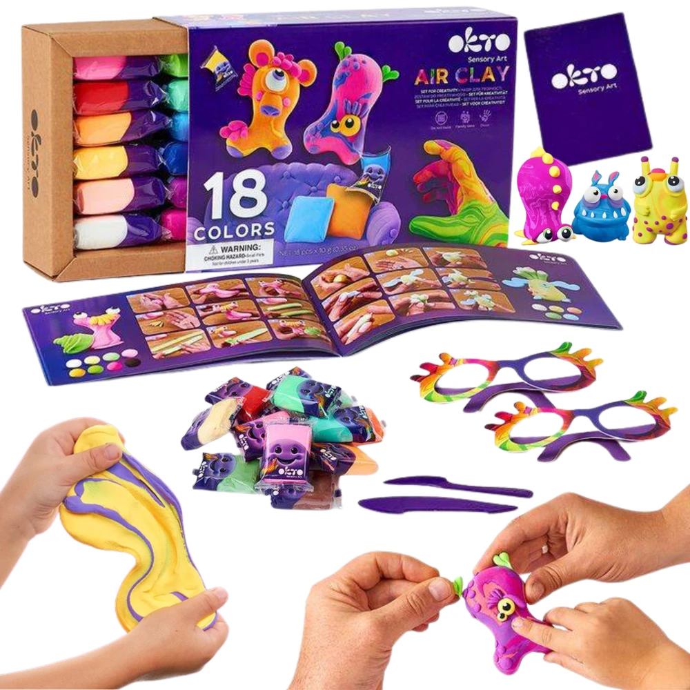 Kūrybinis savaime kietėjantis rinkinys iš 18 spalvingų OKTO putų molio atspalvių