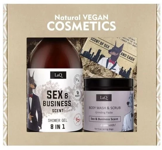 LAQ Sex & Business dovanų rinkinys – dušo želė, kūno šveitiklis ir muilas