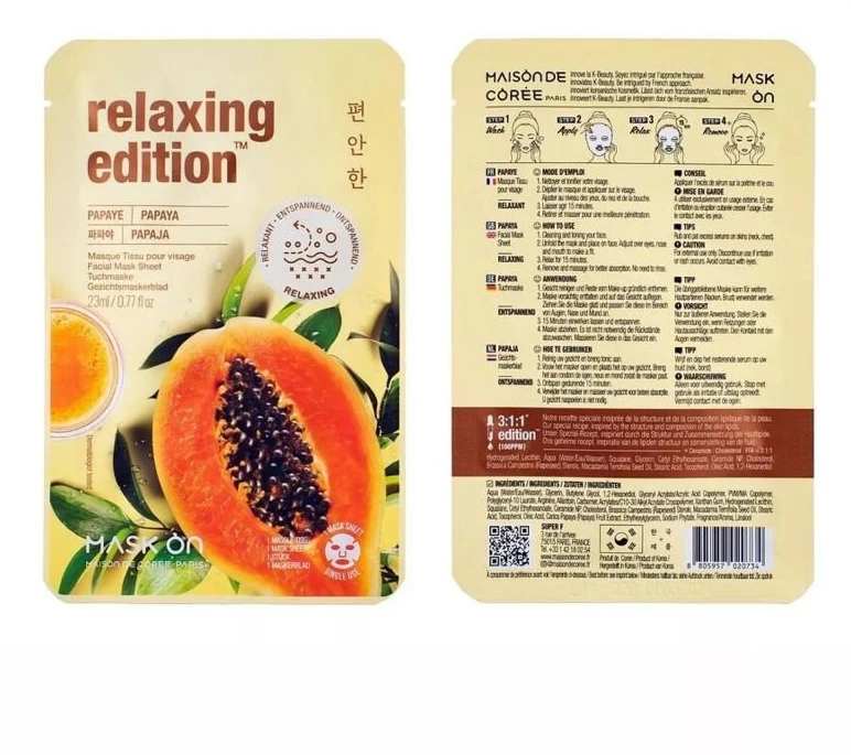 Mask On Paris Relaxing Edition Papaya lakštinė veido kaukė