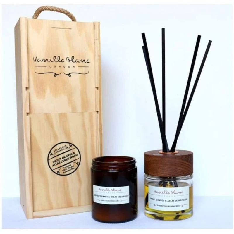 Vanilla Blanc Sweet Oranžinis & Atlas Cedar Wood difuzoriaus ir žvakės dovanų rinkinys