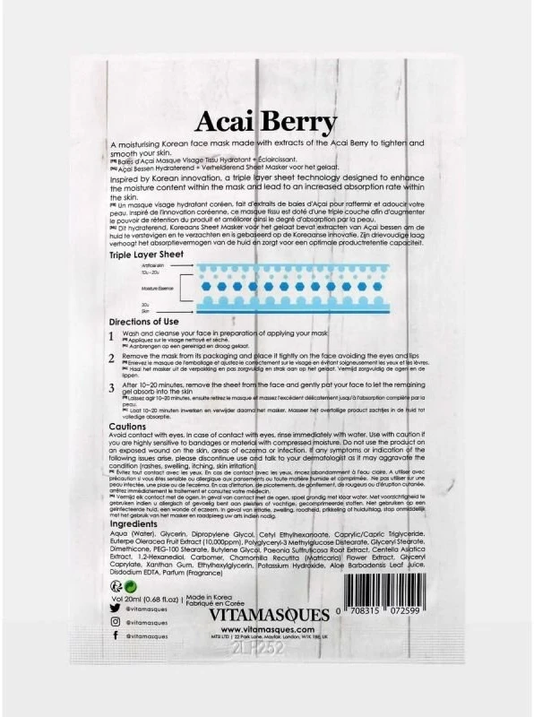 Vitamasques Acai uogų lakštinė veido kaukė