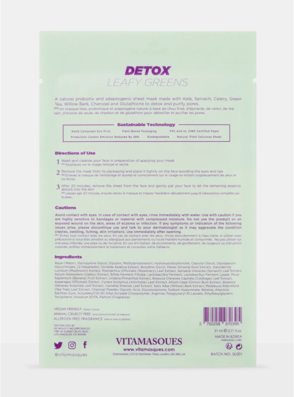 Vitamasques Detox Leafy Greens biologiškai suyranti lakštinė veido kaukė