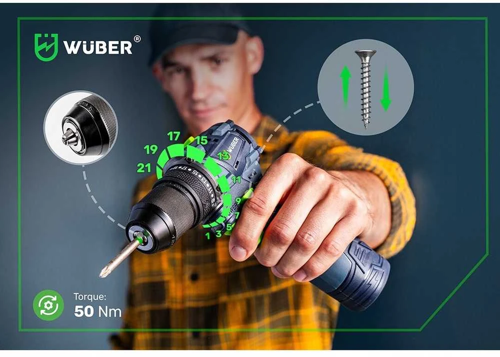 16,8 V suktuvas-gręžtuvas WUBER su 2x1,5Ah Li-ion baterijom