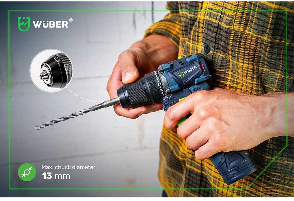 16,8 V suktuvas-gręžtuvas WUBER su 2x1,5Ah Li-ion baterijom