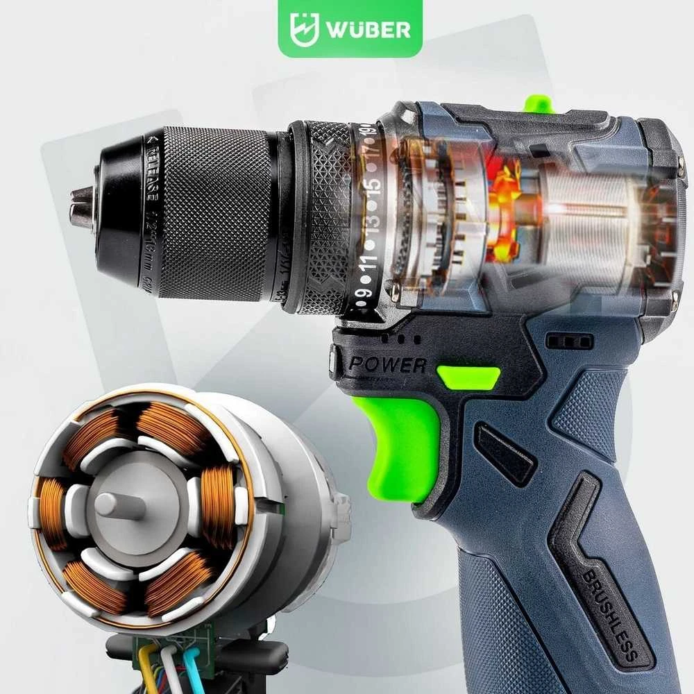 16,8 V suktuvas-gręžtuvas WUBER su 2x1,5Ah Li-ion baterijom
