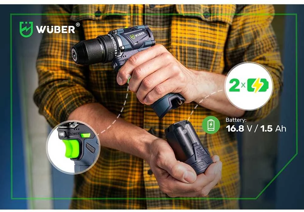 16,8 V suktuvas-gręžtuvas WUBER su 2x1,5Ah Li-ion baterijom