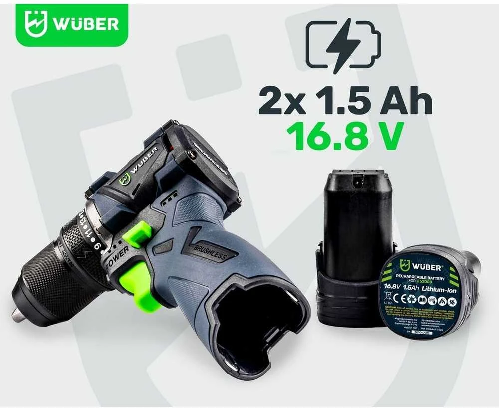 16,8 V suktuvas-gręžtuvas WUBER su 2x1,5Ah Li-ion baterijom