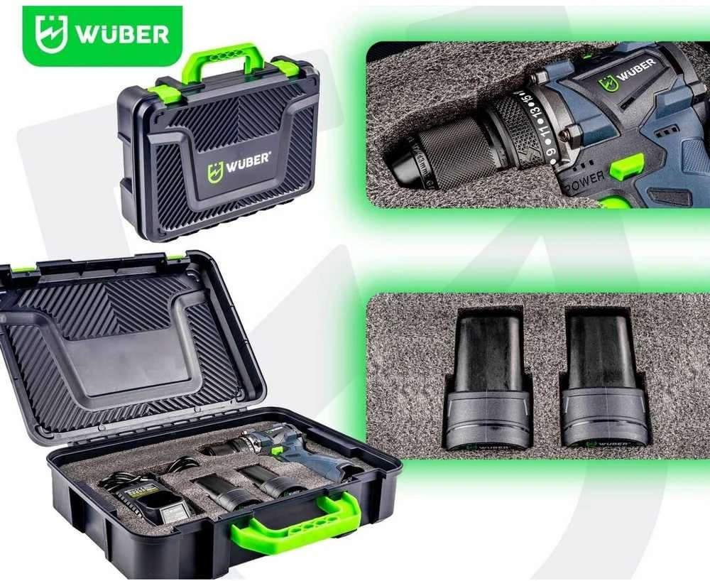 16,8 V suktuvas-gręžtuvas WUBER su 2x1,5Ah Li-ion baterijom