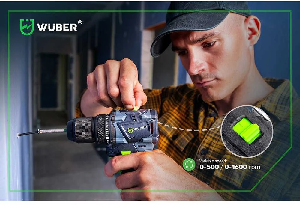 16,8 V suktuvas-gręžtuvas WUBER su 2x1,5Ah Li-ion baterijom