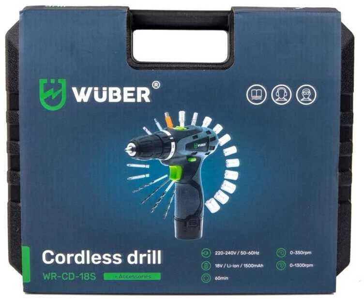 18 V suktuvas-gręžtuvas WUBER su 2x1,5Ah Li-ion baterijom