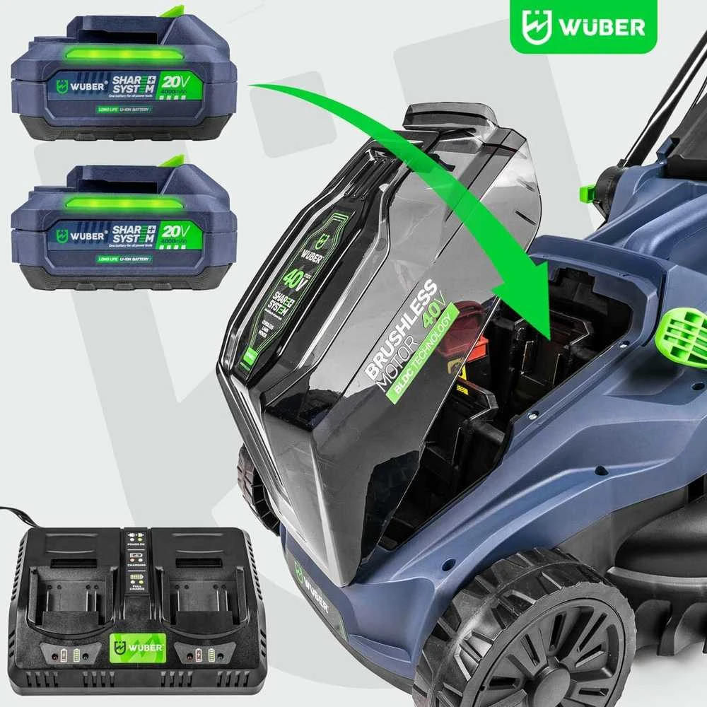 Akumuliatorinė vejapjovė Wuber W04802, 38 cm; 40 V; su 2 akumuliatoriais ir įkrovikliu