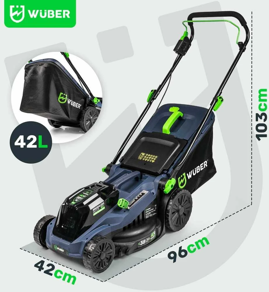 Akumuliatorinė vejapjovė Wuber W04802, 38 cm; 40 V; su 2 akumuliatoriais ir įkrovikliu