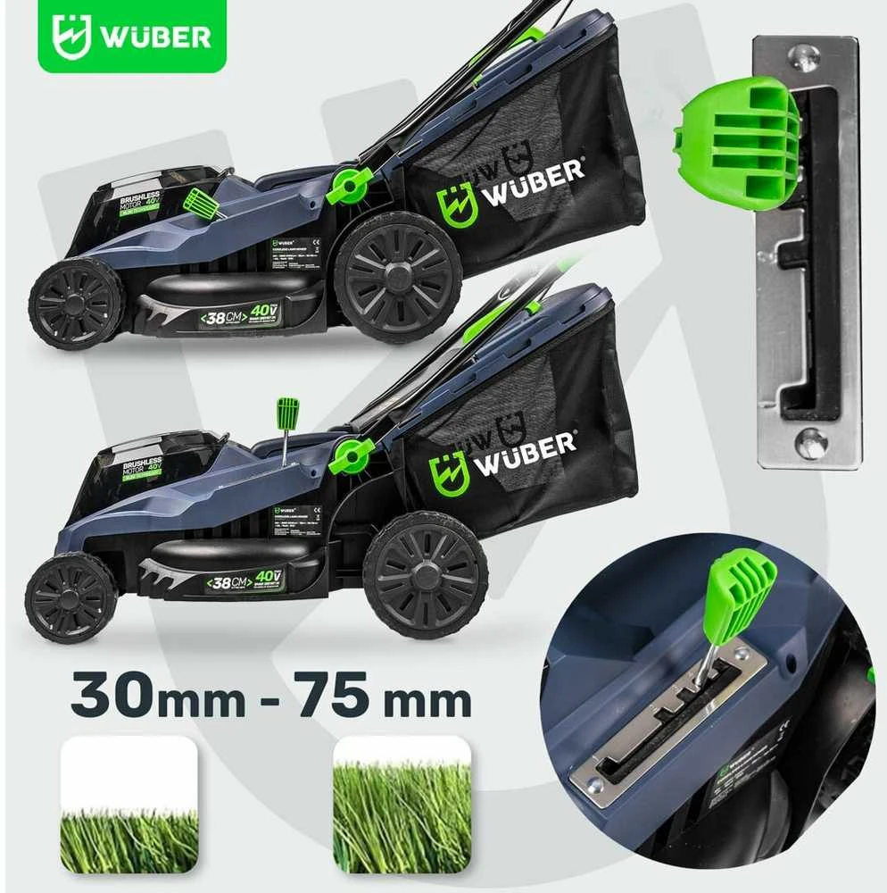 Akumuliatorinė vejapjovė Wuber W04802, 38 cm; 40 V; su 2 akumuliatoriais ir įkrovikliu