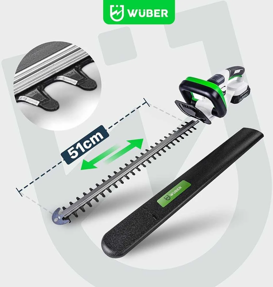 Akumuliatorinės gyvatvorių žirklės Wuber W04330, 51cm, su 2,0 Ah baterija ir įkrovikliu
