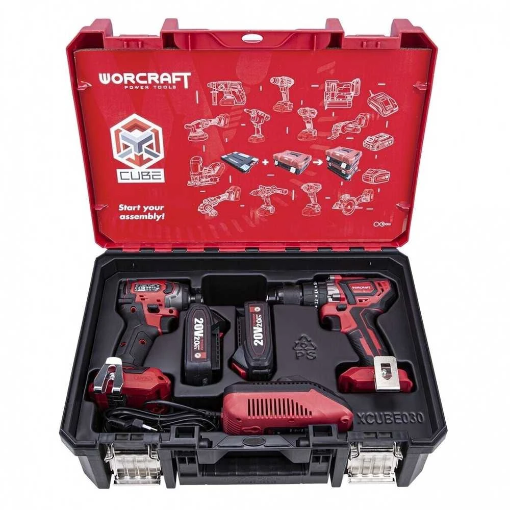 Akumuliatorinio suktuvo ir smūginio suktuvo rinkinys Worcraft 20V LI-ION (XCUBE dėžė)