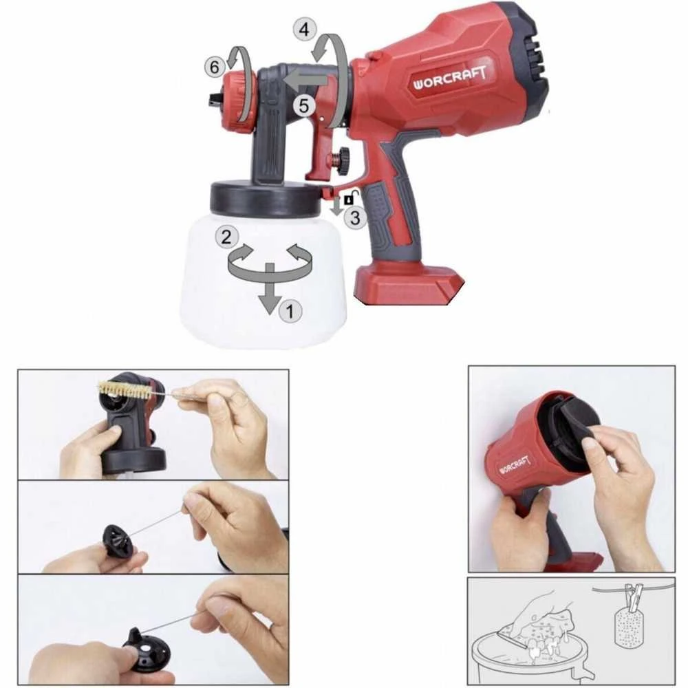 Akumuliatorinis dažų purkštuvas WORCRAFT 20V (be akumuliatoriaus)