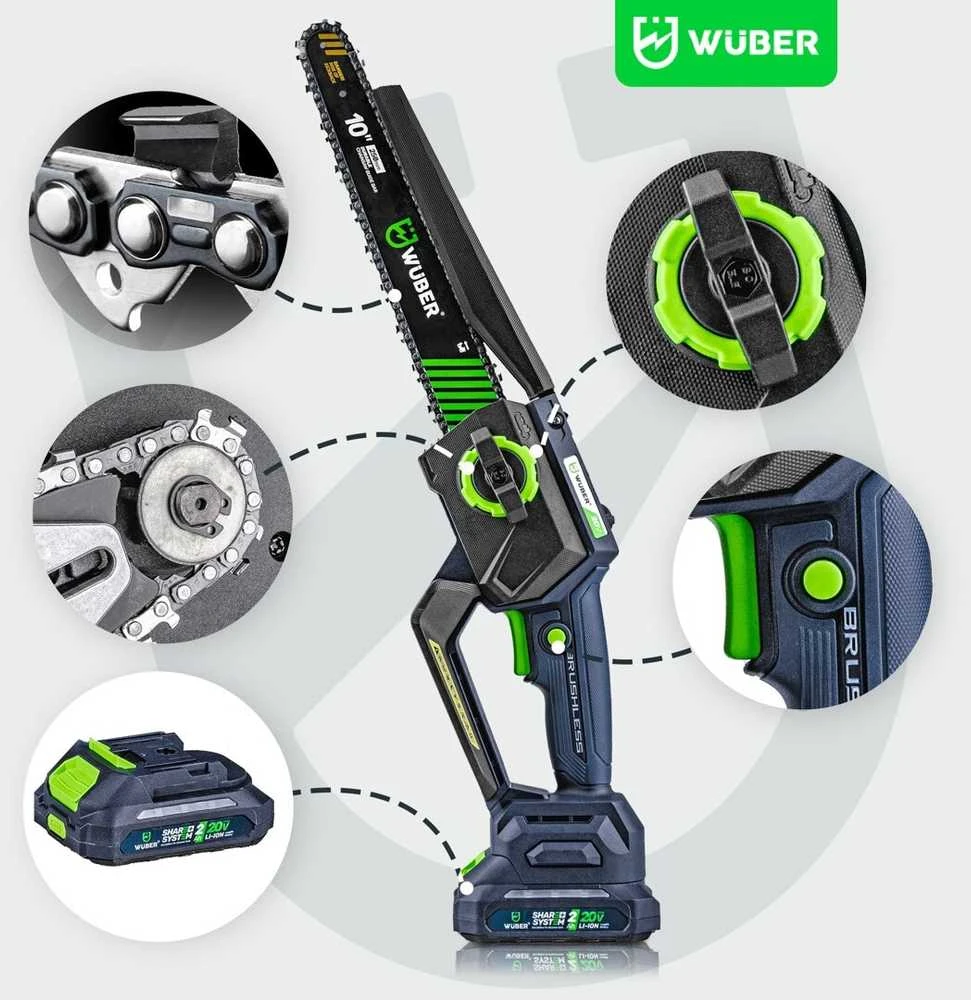 Akumuliatorinis mini grandininis pjūklas Wuber W04536, 20V su akumuliatoriumi ir įkrovikliu