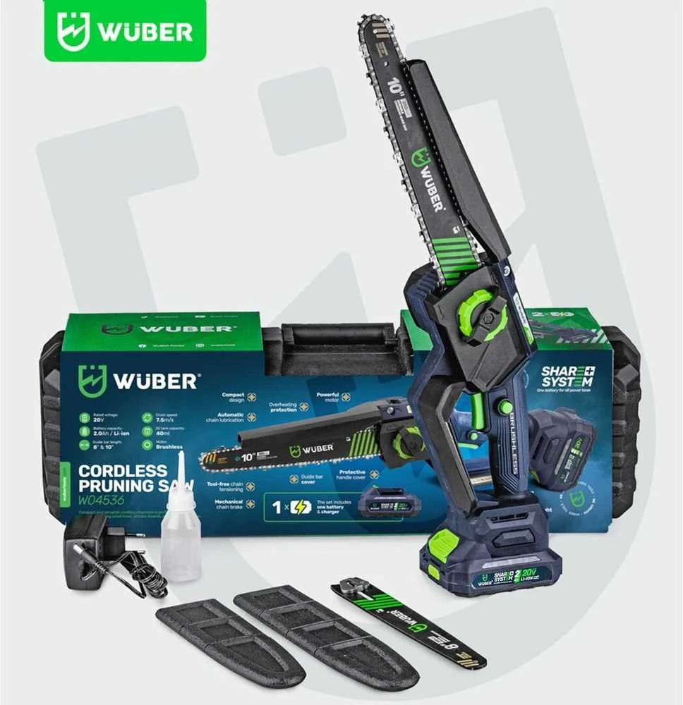 Akumuliatorinis mini grandininis pjūklas Wuber W04536, 20V su akumuliatoriumi ir įkrovikliu