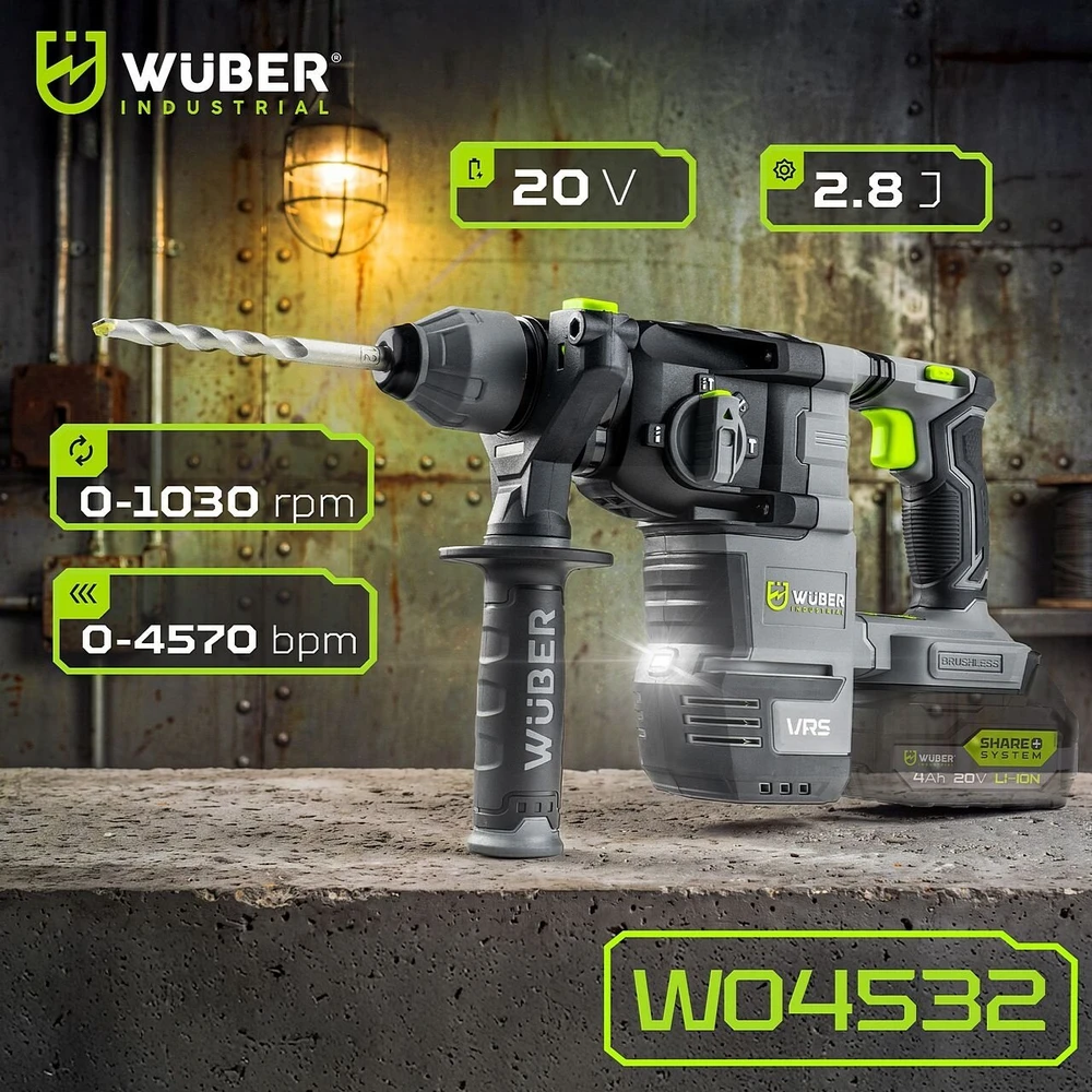 Akumuliatorinis perforatorius Wuber 20V, SDS-plus 2,8 J (be akumuliatoriaus ir įkroviklio)