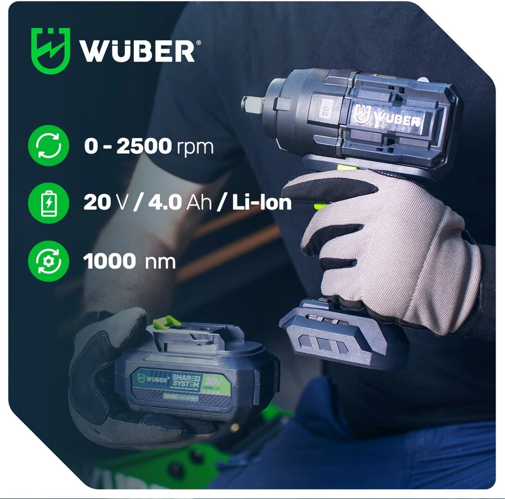 Akumuliatorinis smūginis veržliaraktis Wuber 1000 Nm 4,0 Ah