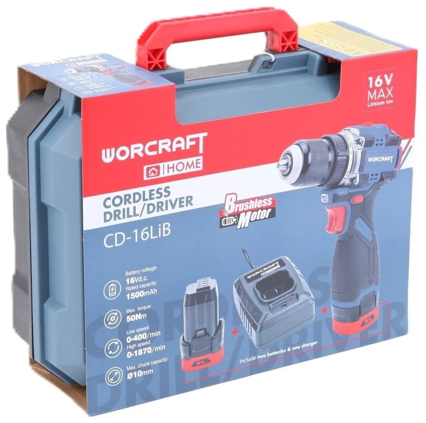 Akumuliatorinis suktuvas-gręžtuvas WORCRAFT su dviem 16.8 V 1.5 Ah Li-Ion akumuliatoriais