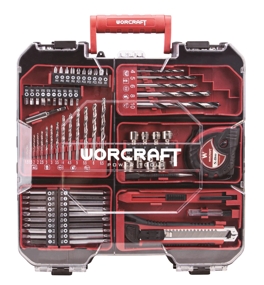 Akumuliatorinis suktuvas-gręžtuvas Worcraft su kalimu 20V LI-ION ir priedais 78 vnt., 2x2.0Ah