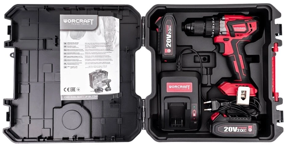 Akumuliatorinis suktuvas-gręžtuvas Worcraft su kalimu 20V LI-ION ir priedais 78 vnt., 2x2.0Ah